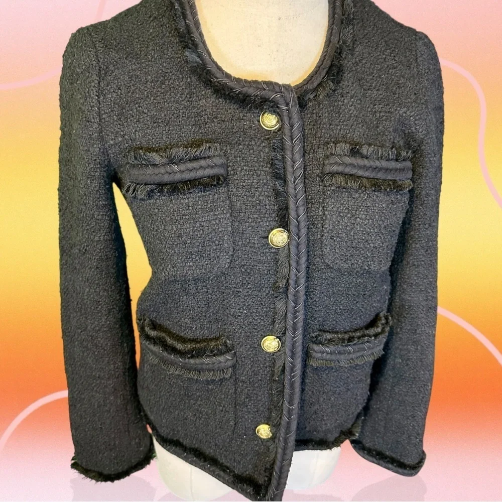 J. Crew Black Wool-Blend Tweed Gold Button-Front Patch Pocket Lady Jacket Size 0
